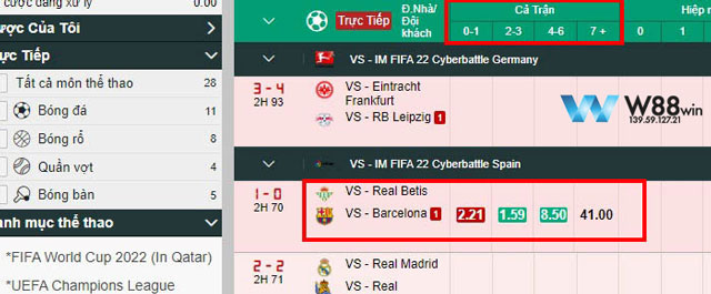 Bảng kèo Real Betis vs Barcelona w88